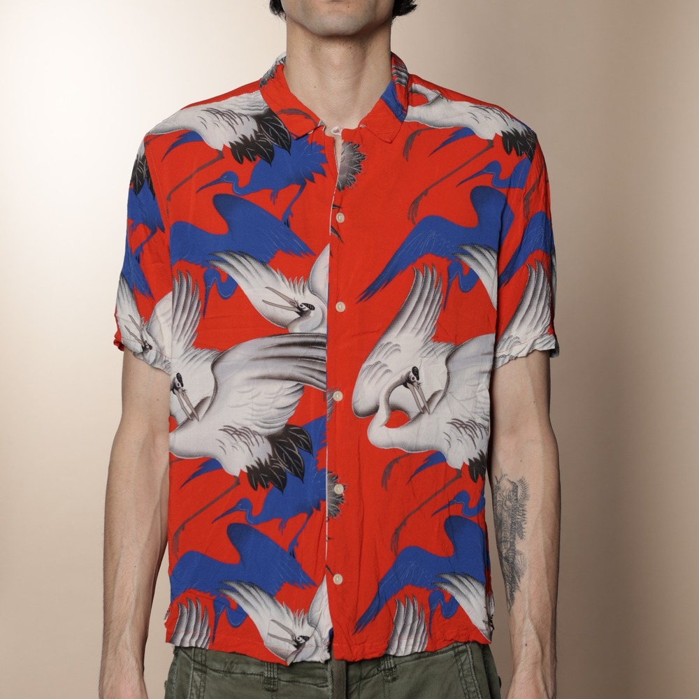 ALLSAINTS Mens Red Crane Print Short Sleeve Relaxed Fit Camp Shirt Size Medium